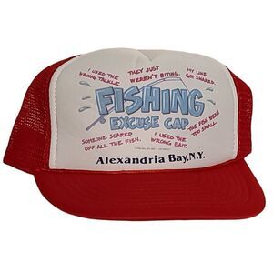 Vintage Alexandria Bay NY Fishing Excuse Cap Red Mesh Trucker Hat Humor Novelty